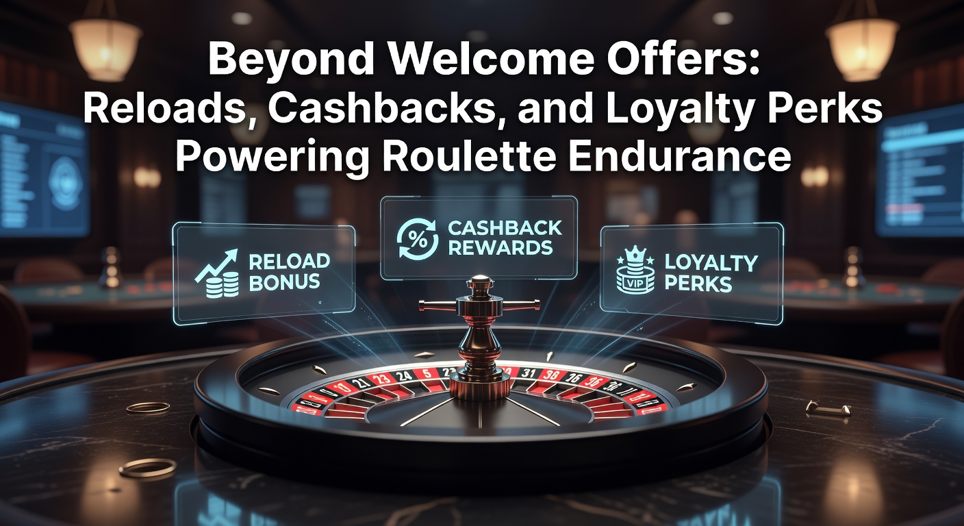 Roulette wheel spinning with glowing bonus icons representing reloads, cashbacks, and loyalty rewards overlayed on the table