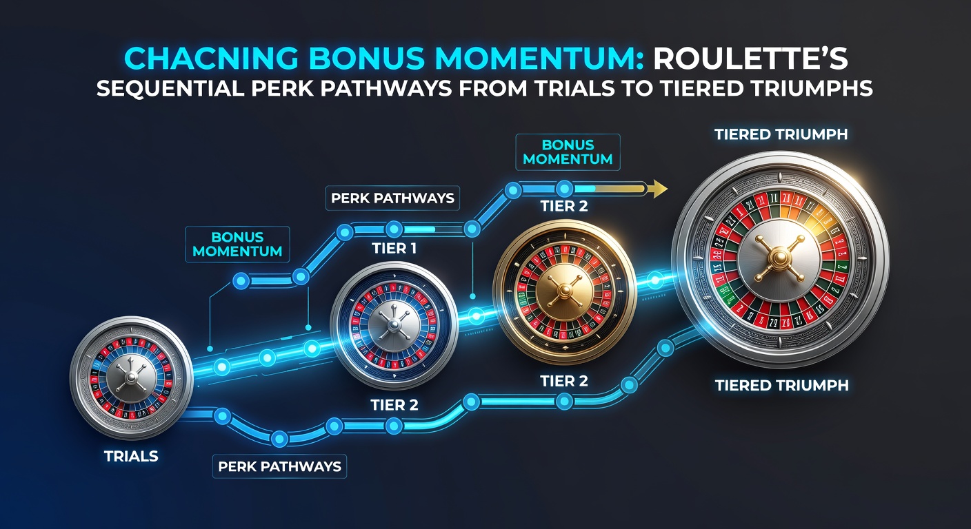 Roulette wheel spinning with cascading bonus icons representing sequential perks from free trials to VIP tiers