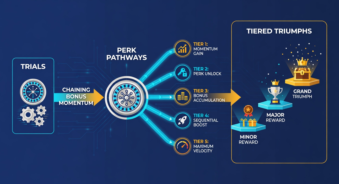 Infographic showing a flowchart of bonus chains: trials leading to no-deposit, deposits, and VIP tiers with momentum arrows