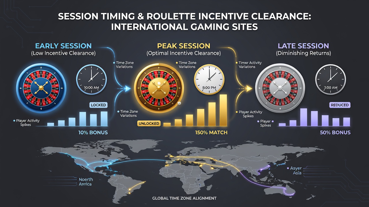 Analytics dashboard displaying roulette session timelines, bonus clearance rates, and player distribution across global gaming platforms