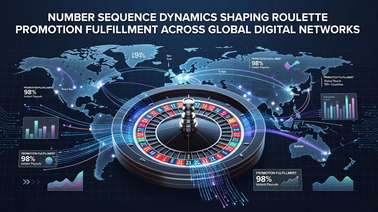 Roulette wheel displaying number sequences with overlaid digital network graphics representing global promotion tracking