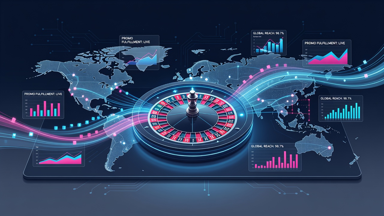 Global digital network map highlighting roulette promotion pathways connected by number sequence data flows