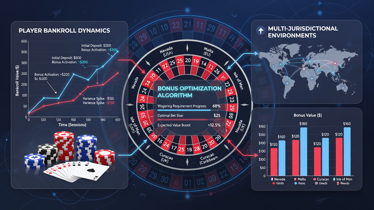 Player reviewing bankroll metrics on a tablet with roulette wheel graphics overlay