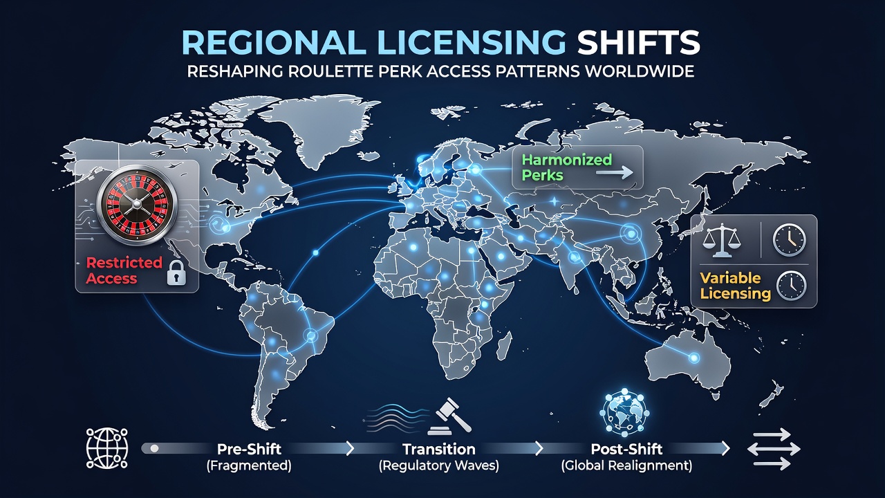 Infographic displaying roulette perk access timeline changes across different licensing regions