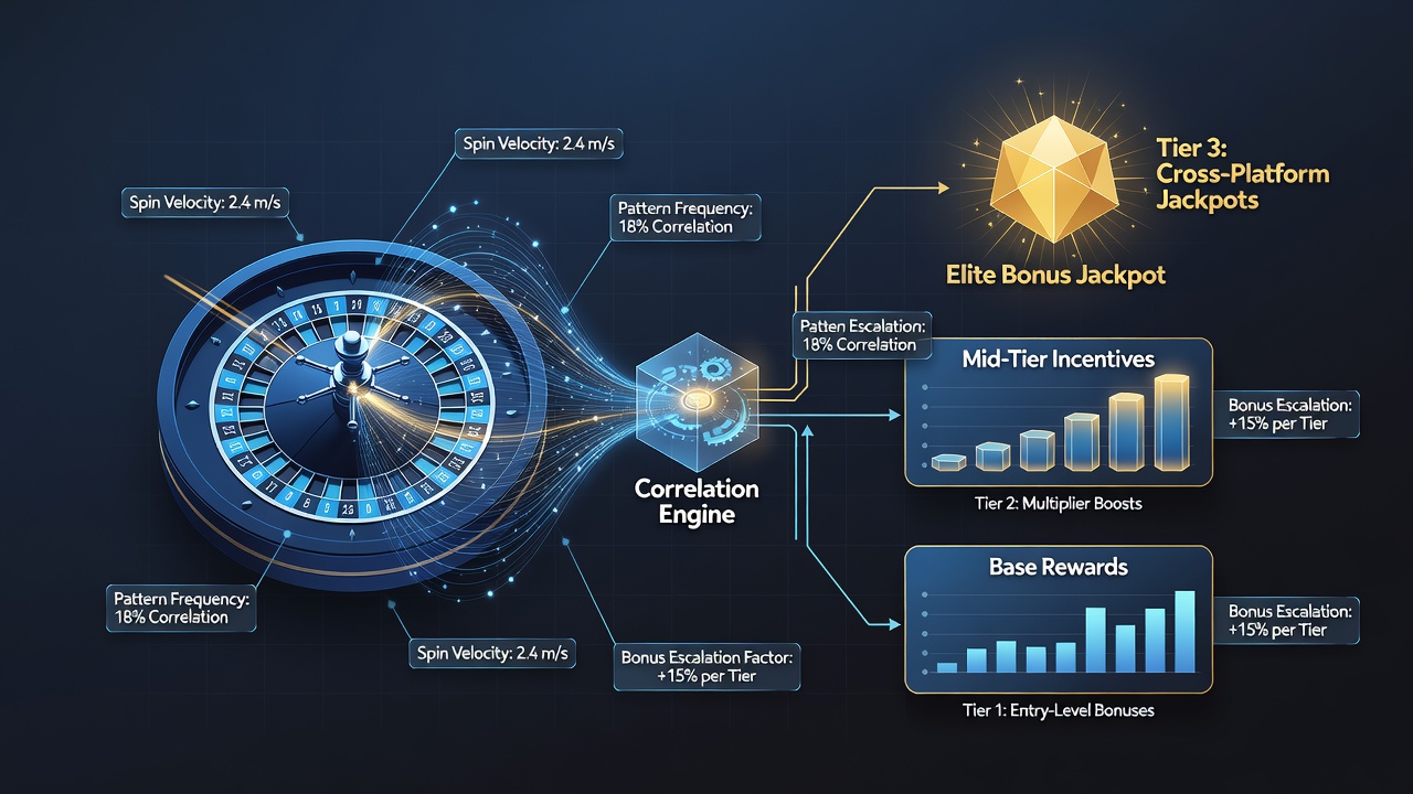 Cross-platform roulette interface displaying tiered bonus progression bars alongside spin sequence heatmaps
